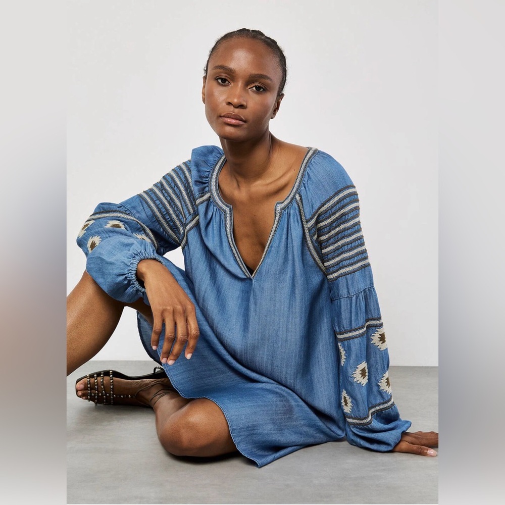 APRICOT 🍑- Blue Embroidered Long Sleeve V-Neck Dress - Picture 4 of 6